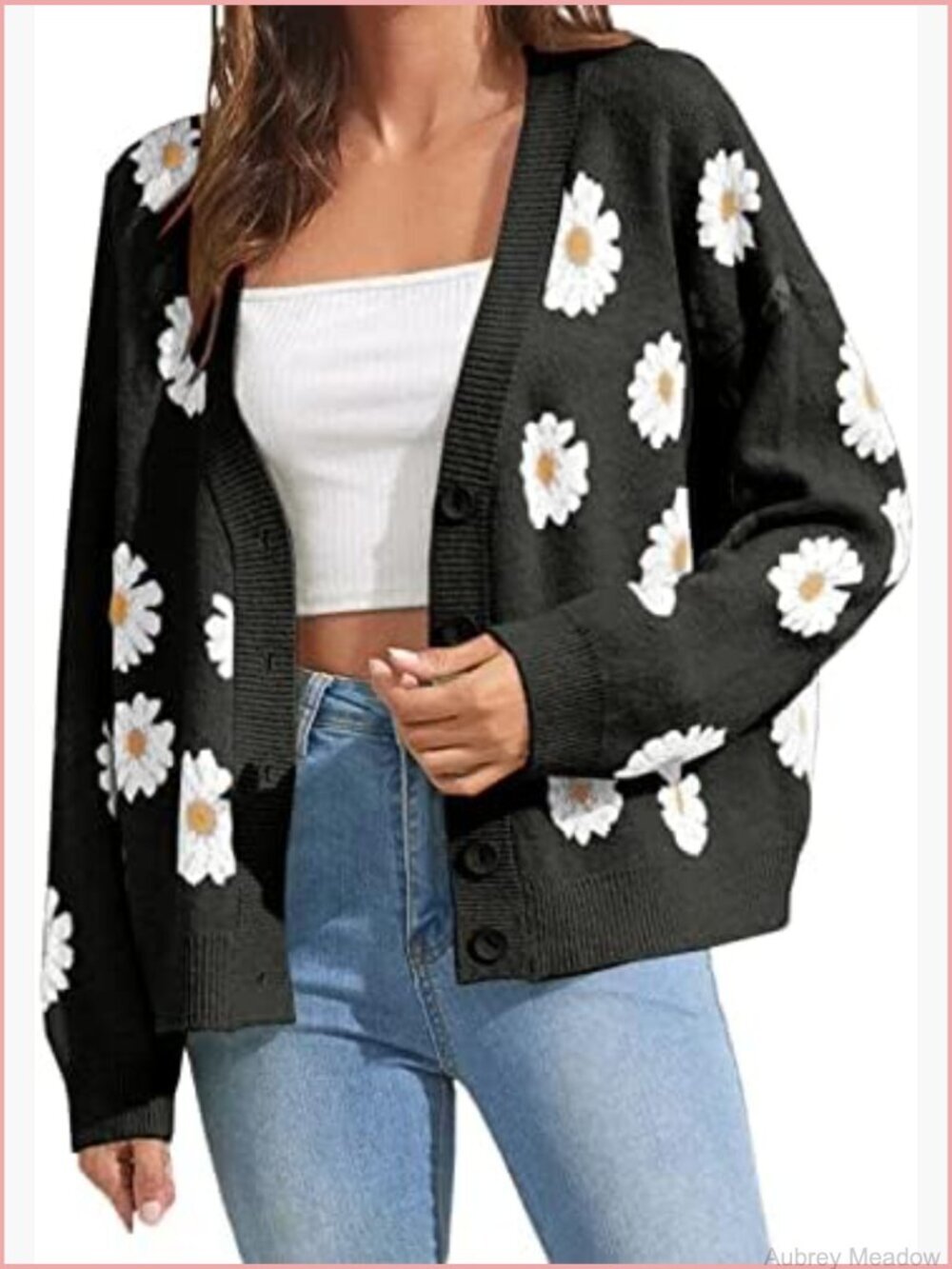 Floral Print Knit Cardigan Long Sleeve Open Front Button Down V Neck Oversized